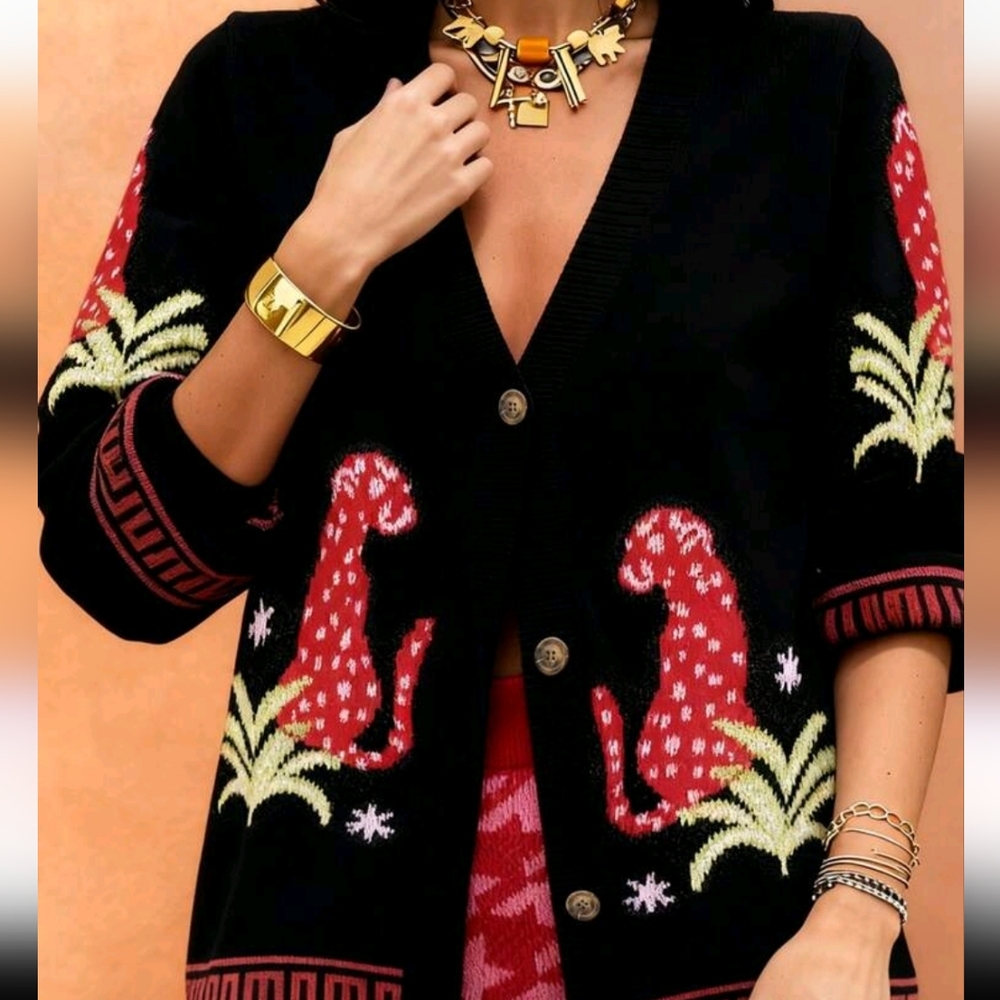 Price Drop Today! Was ($61) Blk & Red Leopard Tunic Oversized Chunk Knit Sweater